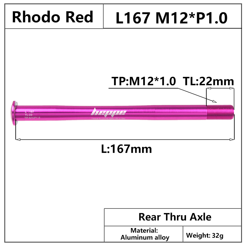HEPPE-eje pasante para bicicleta de montaña, brochetas de eje trasero, 12x142, 12x148, liberación rápida, 167mm, M12xP1.0, multicolor: Rhodo Red Color
