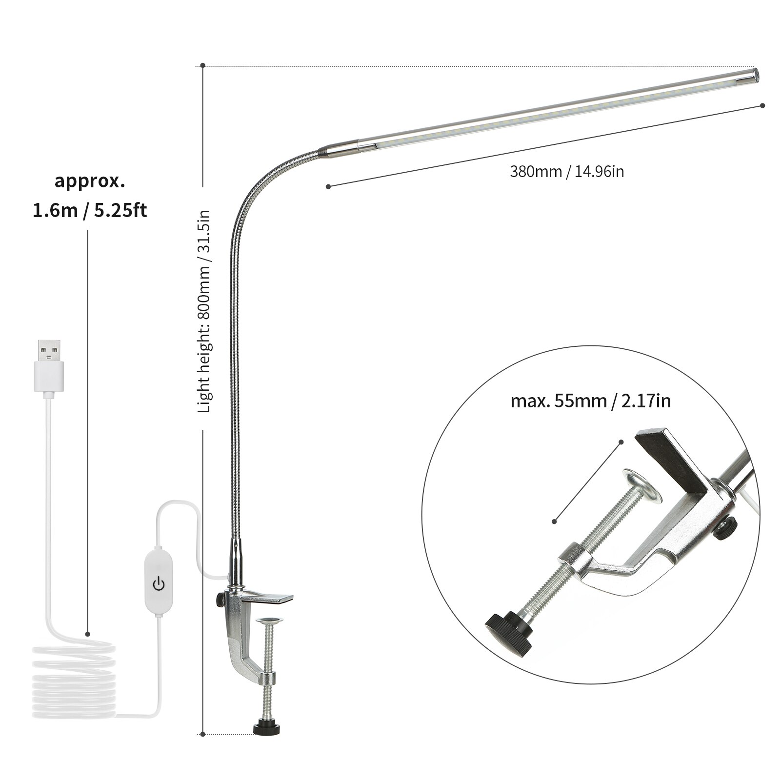 10w usb klipp-på bordlampe lysdioder hvit belysning berøringskontroll dimbare lysdioder leselys til seng sengegavl kontor arbeidsbenk