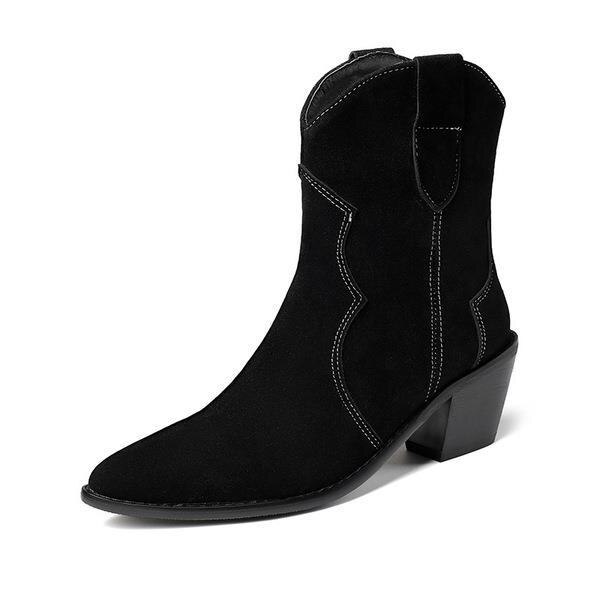 Witte halfhoge laarzen damesschoenen ronde neus lage dames hoge hak halfhoge cowboylaarzen grote maat puntig rubber veterschoen effen: 1 / 37