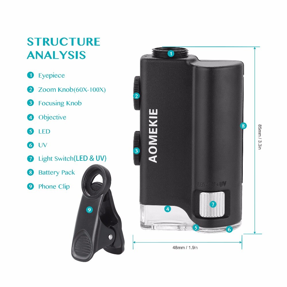 AOMEKIE 60X-100X Microscope Zoom Magnifier for Mobil Phone Camera Cloth Biology Observe Jewelry Appraisal Microscope with LED UV