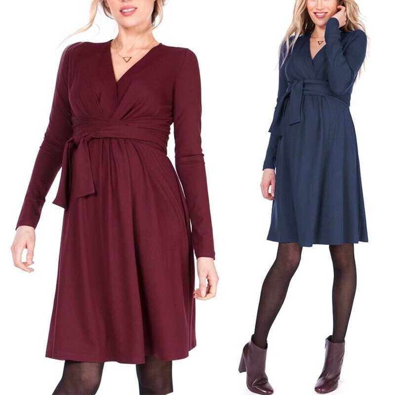 European and American Solid Color Pregnent Wear Nursing Dress Long Sleeve Belt Cross V Neck Nursing Dress Maternity Accessories