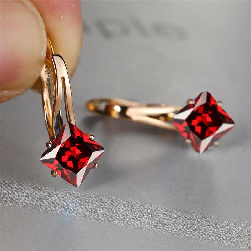 Brincos de casamento de cor de ouro rosa antigo arco-íris zircão quadrado brincos de pedra moda multicolorido cristal hoop brincos para mulher: Red