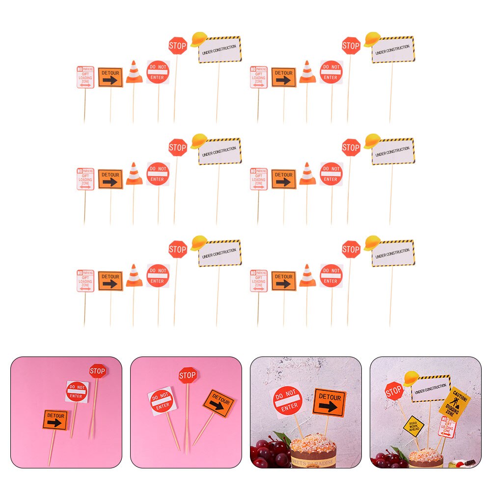 48pcs Cake Inserting Cards Theme Party Signs Cake Topper Construction Road Sign Pick