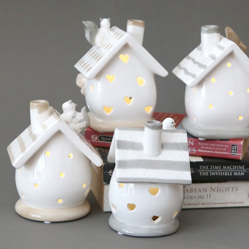European Cartoon Animal Small House LED Candlestick Ceramics Led Candle Craft Birthday Home Decoration Accessories