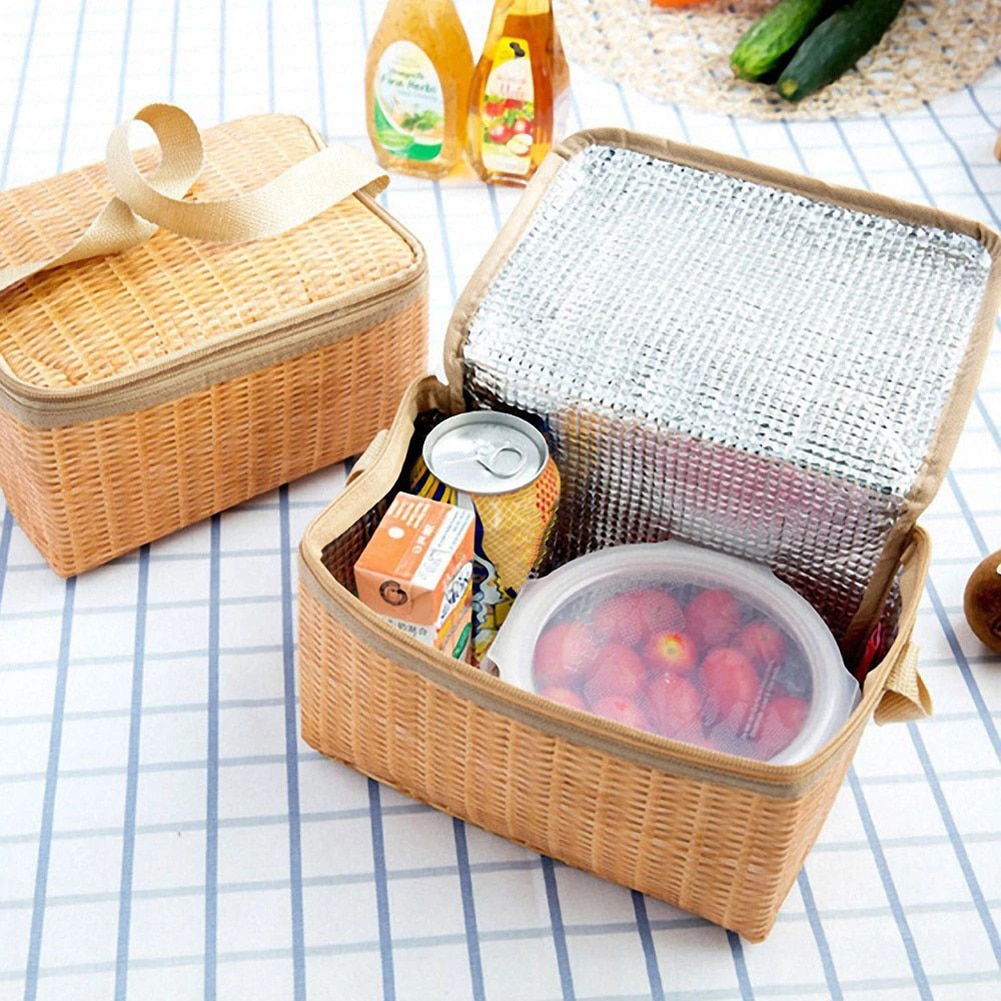 Tragbare Weide Rattan draussen Picknick Tasche Wasserdicht Geschirr Lebensmittel Container Warenkorb für Innen Haushalt Camping veranstalter