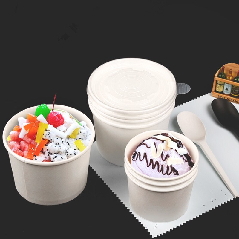 50pcs White ice cream takeaway packaging cup party birthday wedding food soup cake round pattern thick paper cup with lid