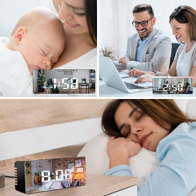 Digital Alarm Clock,Alarm Clocks for Bedrooms,LED Alarm Clock with Mirror Function,USB Port Charging,Battery Powered,Snooze,Temp