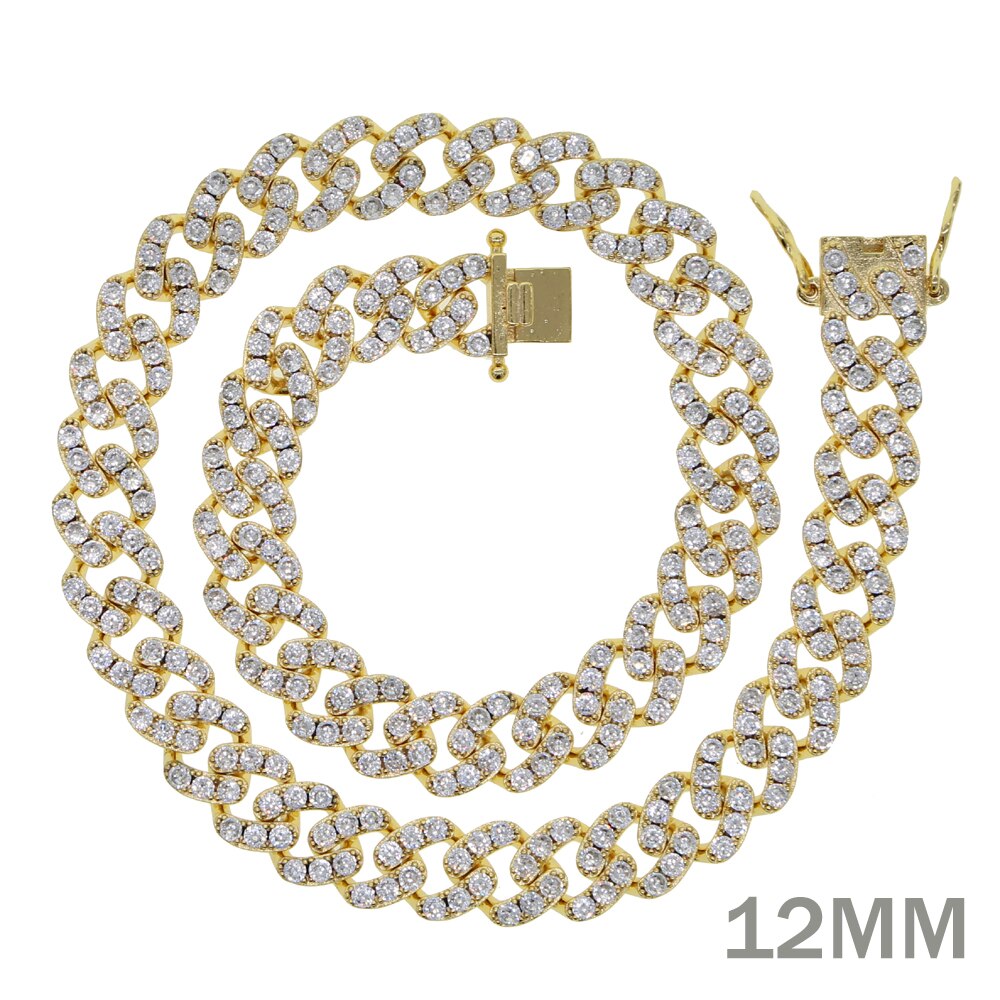 12mm Micro Pave CZ Cuban Link Necklaces pink Luxury Bling Bling choker Jewelry iced out bling zircon rock punk women men jewelry: Gold 12mm / 38cm