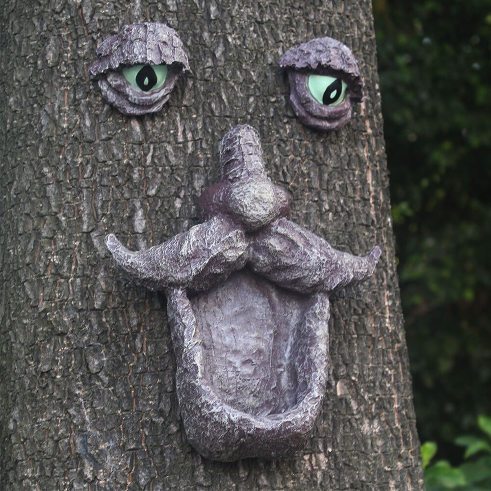 Hand-painted Resin Sculpture Funny Yard Art Garden Decor Crafts Outdoor Tree Face Bird Feeder With Eyes Realistic Old Man
