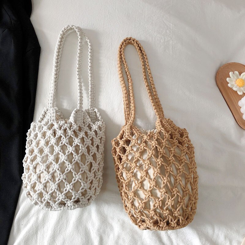 Zomer Holle Geweven Schoudertas Effen Kleur Lichtgewicht Casual Wild Emmer Purse Handtas Met Innerlijke Trekkoord Zak