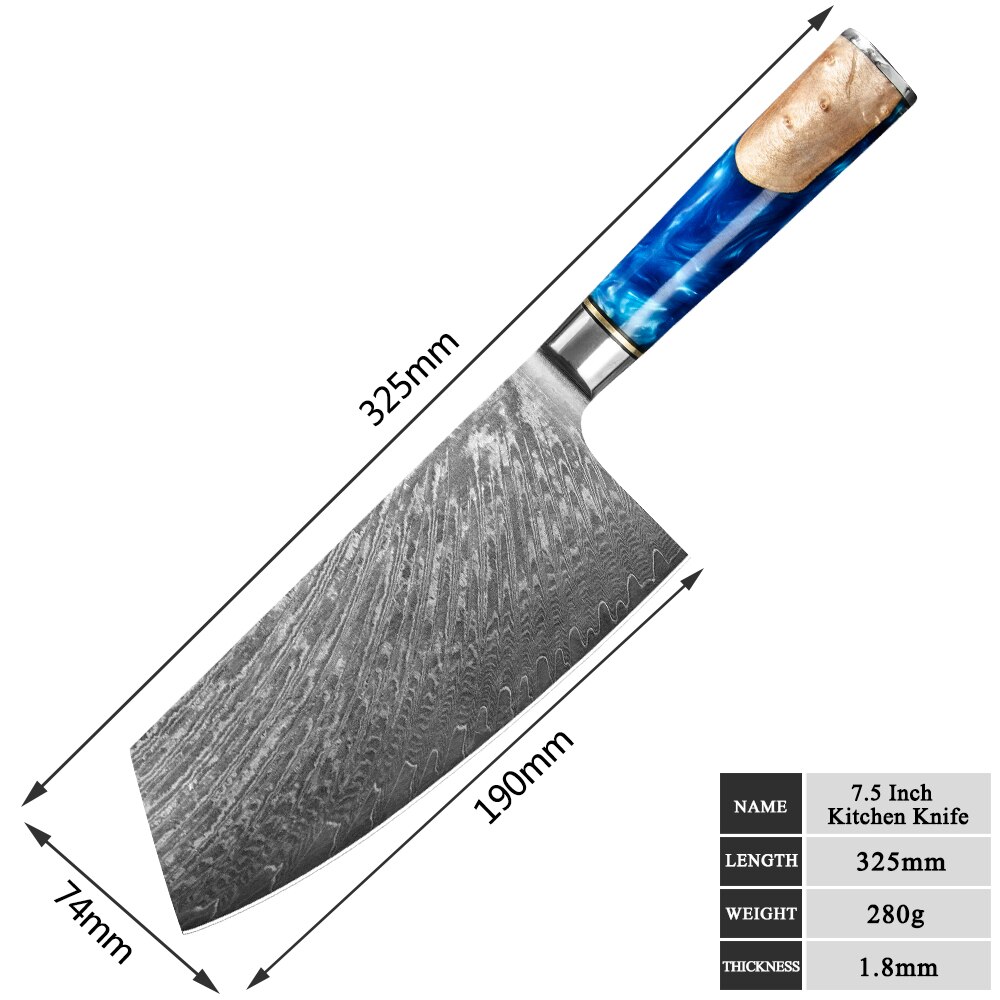 Damascus Steel Butcher Kitchen Chef Knives Set Chopper Meat Chopping Knife Resin Color Wood Handle Cutter Chopper Slicing Tools