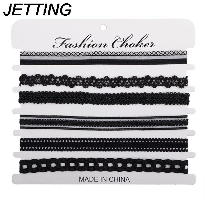 Jetting Stijlvolle Vrouwen Elegante Charme Ketting Set Lace Hollow Black Velvet Choker Ketting Sieraden 6 Stks/set
