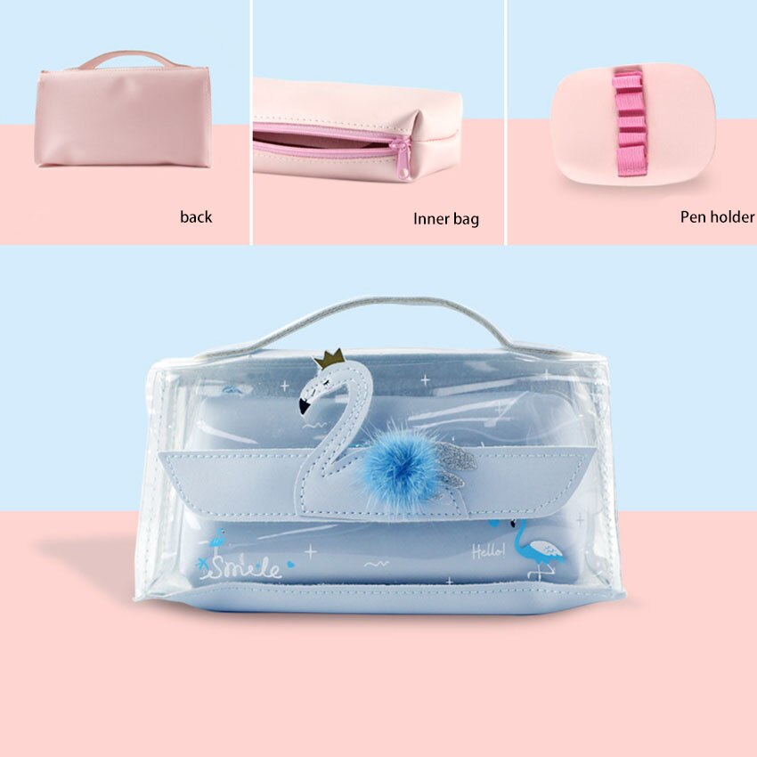 Transparante Meisje Etui Pvc Grote Capaciteit Potlood Tas Met Handvat Make-Up Case Pen Houder Box Potlood Pouch Briefpapier: Blauw