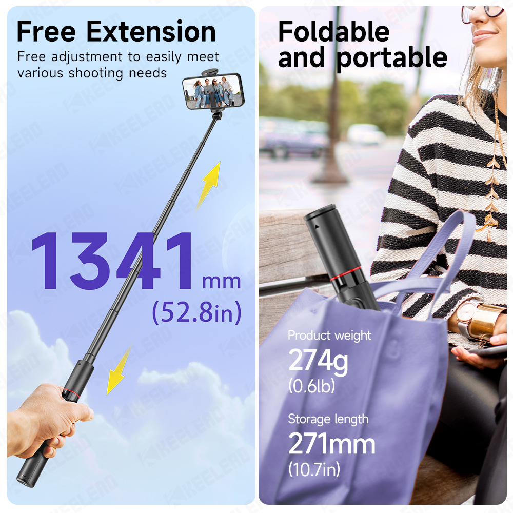 KEELEAD Statief Uitschuifbare paal Draagbare Selfie Stick Telefoonstandaard voor mobiele telefoons 360° ° Rotatie-opname vlog met afstandsbediening