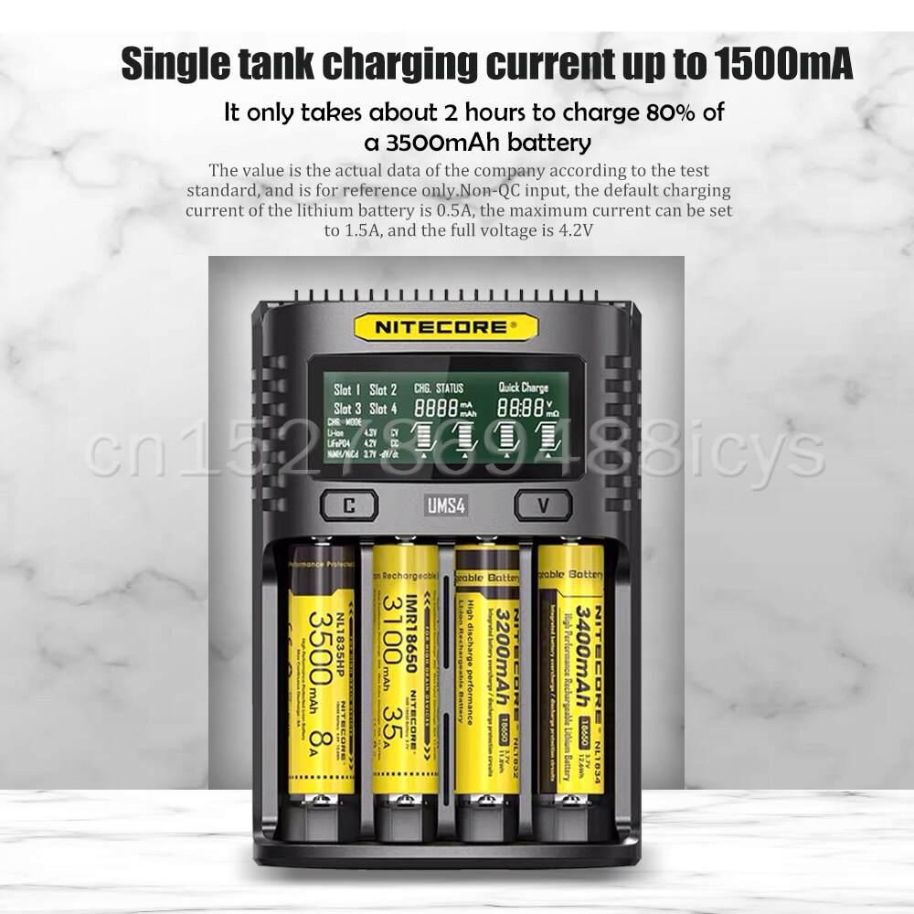 NITECORE UMS4 Batterie ladegerät QC Schnelle Ladung 4A mit 4 Slots Ausgang LCD Display Für 18650 14500 16340 26650 21700 AA AAA Batterie