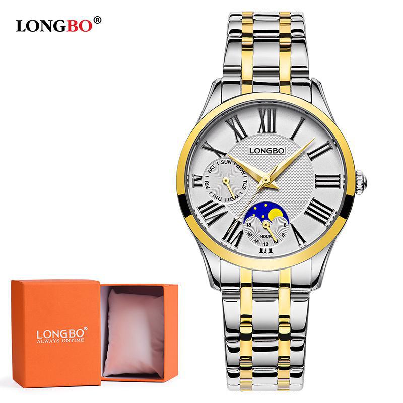 Longbo Quarzuhr Liebhaber Uhren Frauen Männer Paar Analog Voller Edelstahl Geschäft Armbanduhren lässig Gold 1/stücke: Gold Frau Geschenk Kasten