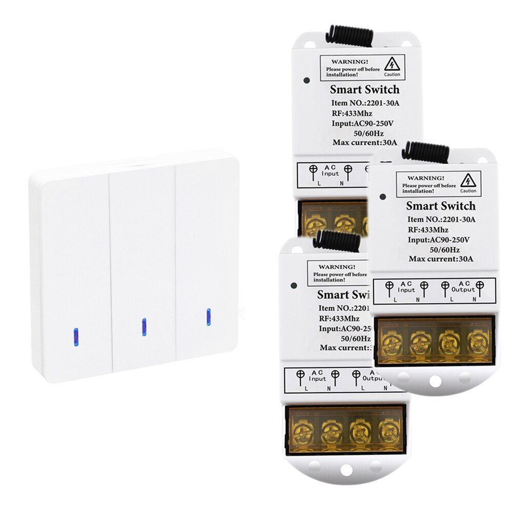 Rubrum 433MHz AC 110V 220V 30A 1CH Wireless Remote Control Switch RF Relay Receiver Push Button Wall Panel Switch For Pump Light: 1 WP and 3 Receiver