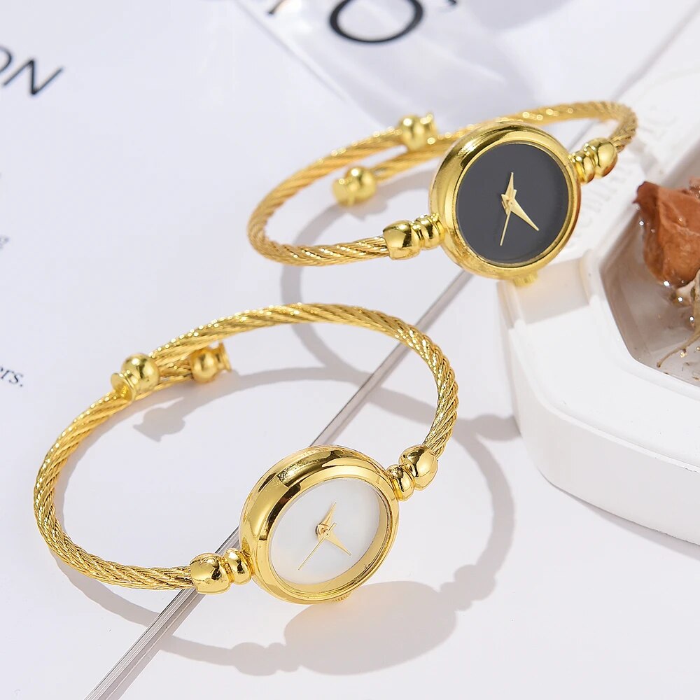 Reloj de lujo con correa fina dorada para mujer, pulsera femenina, 2 piezas, a la