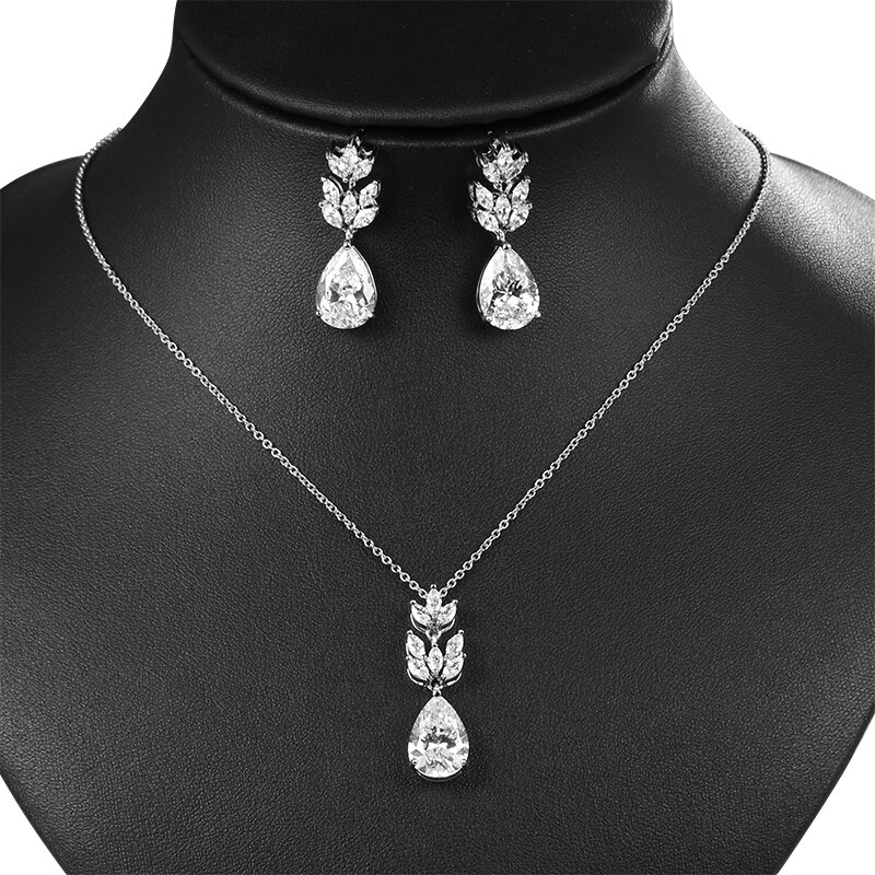 WEIMANJINGDIAN nuovo arrivo taglio pera zirconi cubici CZ zircone collana di cristallo e orecchini Set di gioielli da sposa Color oro bianco