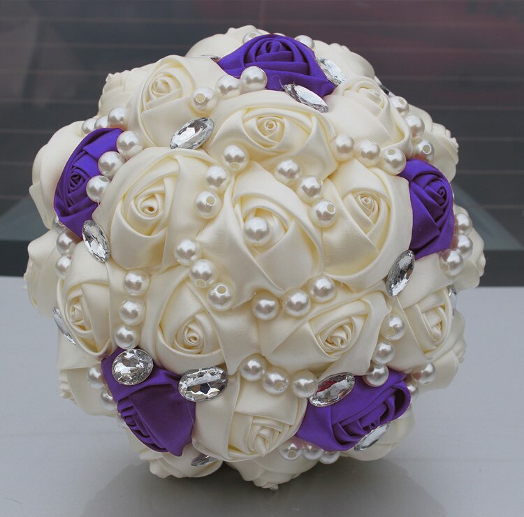 Brudebuket bryllupsbuket mariage kunstig bryllupsbuket kunstig elfenben rose bryllup blomst de mariage: Elfenben-lilla -21cm