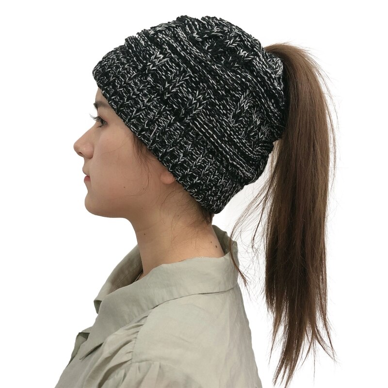 Women Winter Chunky Plaid Crochet Knitted Beanie Hat with Ponytail Hole High Messy Bun Solid Color Stretch Snow Ski Skull Cap
