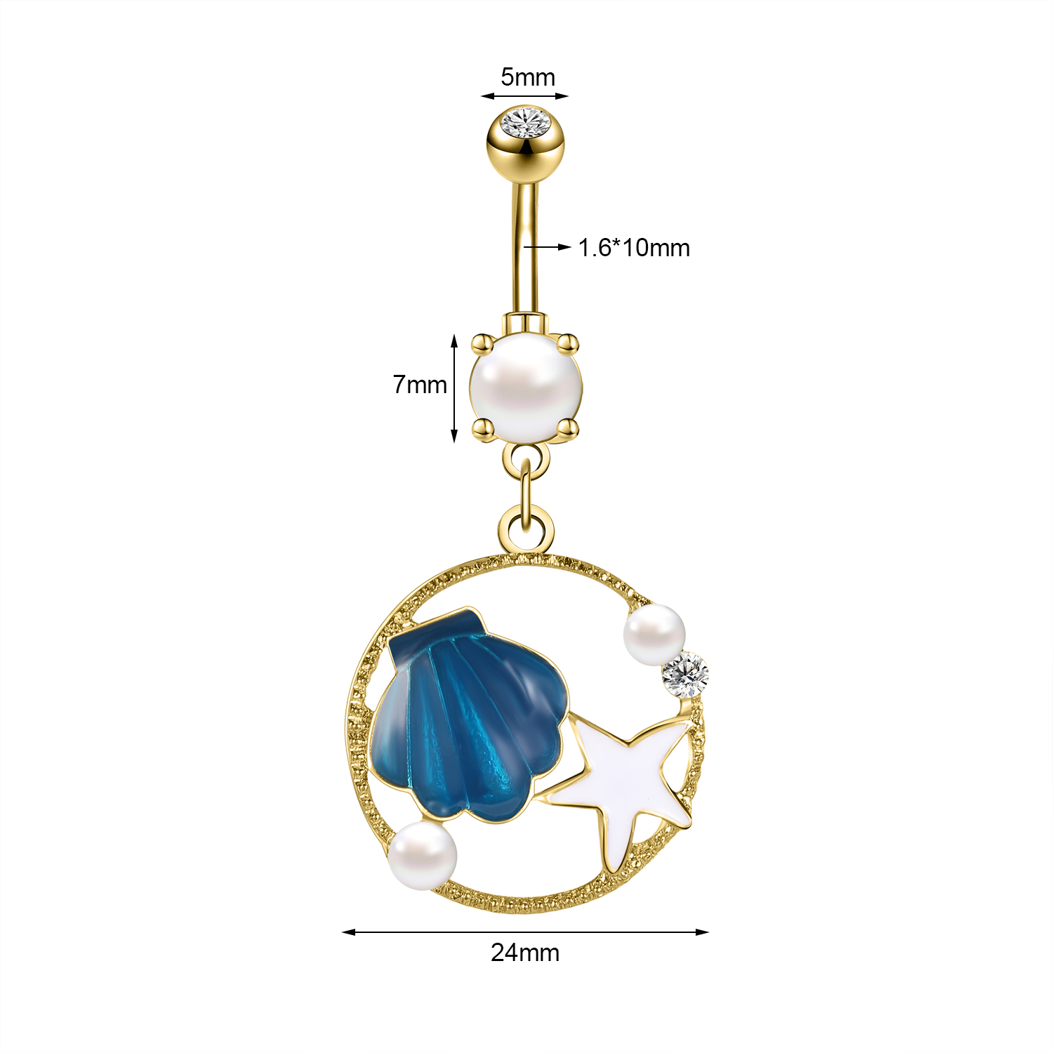 AOEDEJ, 14G, 1 pieza, anillo para Piercing en el ombligo de estrella de mar de cristal, joyería para Piercing corporal con perlas, anillo para el ombligo de concha para mujer de verano: Color dorado