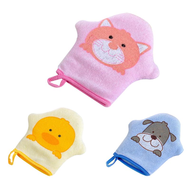 Guante de algodón supersuave con dibujos animados para bebé, cepillo para ducha de baño, estampado de animales, esponja para frotar, Bola de toalla