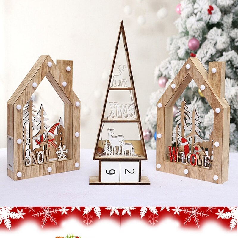 Julepynt glødende små xmas sne hus træbelysning hytter juletræ desktop ornamenter