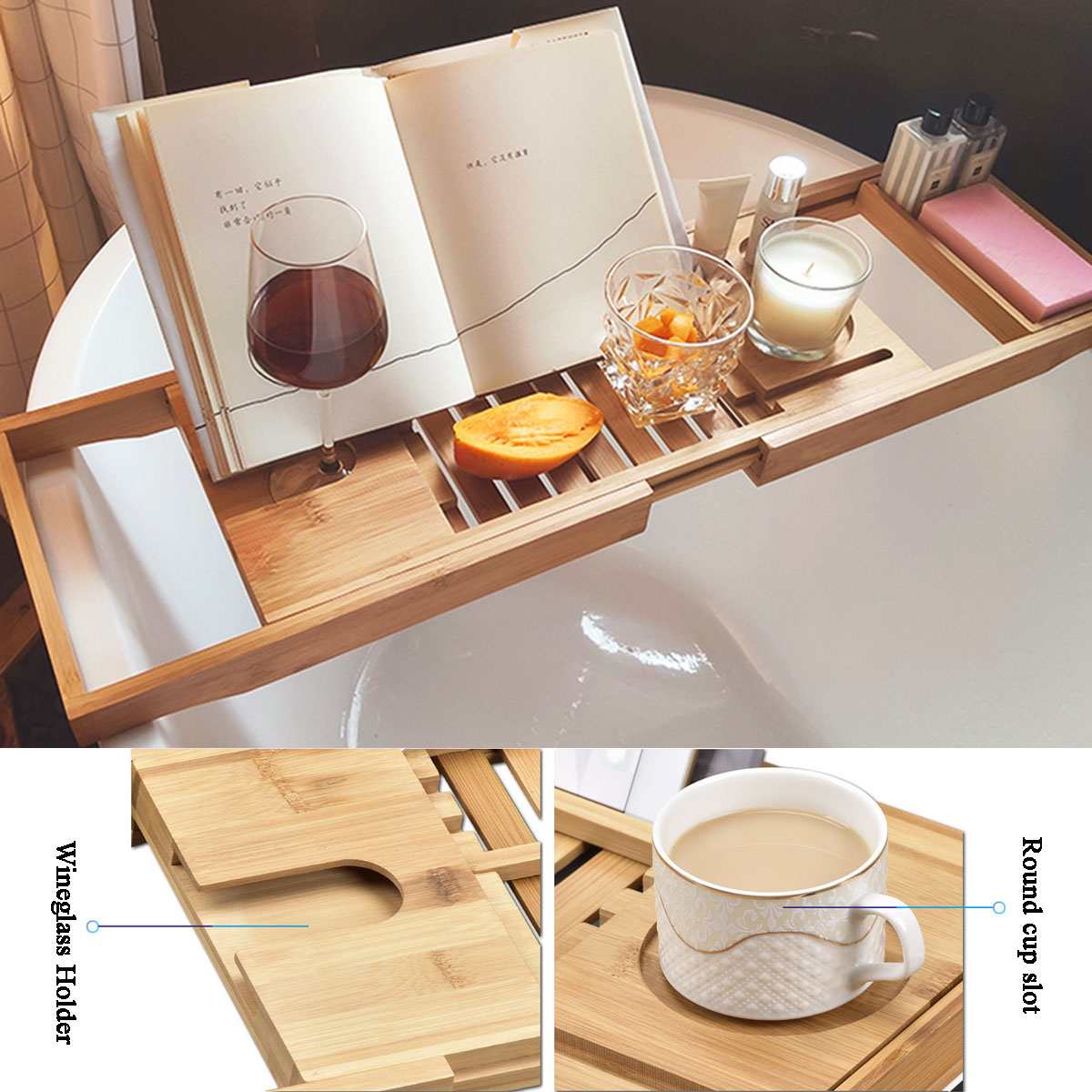 105cm Bathroom Bamboo Bath Bathtub Shelf Bridge Tub Caddy Tray Rack Retractable Wine Glass Book Holder Bathtub Rack Support