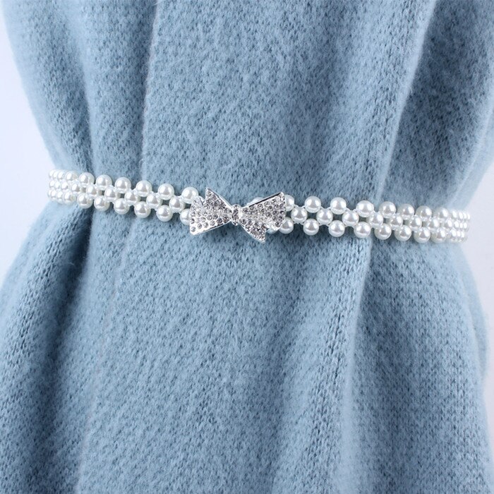 Correa de cadena fina con sello de elasticidad elástica de la cintura blanca para mujer, diamantes de imitación y perlas para decoración de falda, fajas de ,: 5
