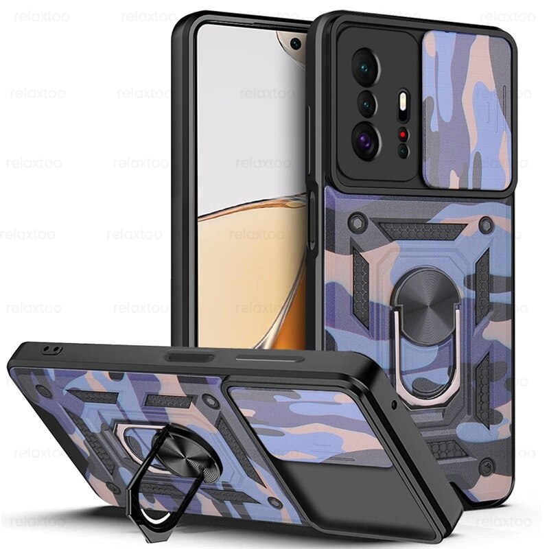 Mi11T Case Slide Camera odporny na wstrząsy pancerz Coque dla Xiaomi11T Xiaomi Xiomi Mi 11 T 11 T Pro magnetyczny uchwyt samochodowy pierścień Protect Shell: For Redmi K40S / Camouflage Blue-02