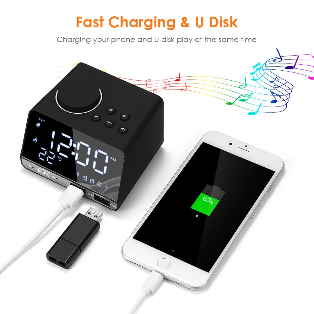 K11 Bluetooth 4.2 Radio Alarm Clock Speaker With 2 USB Ports LED Digital Alarm Clock Home Decration Snooze Table Clock EU Plug