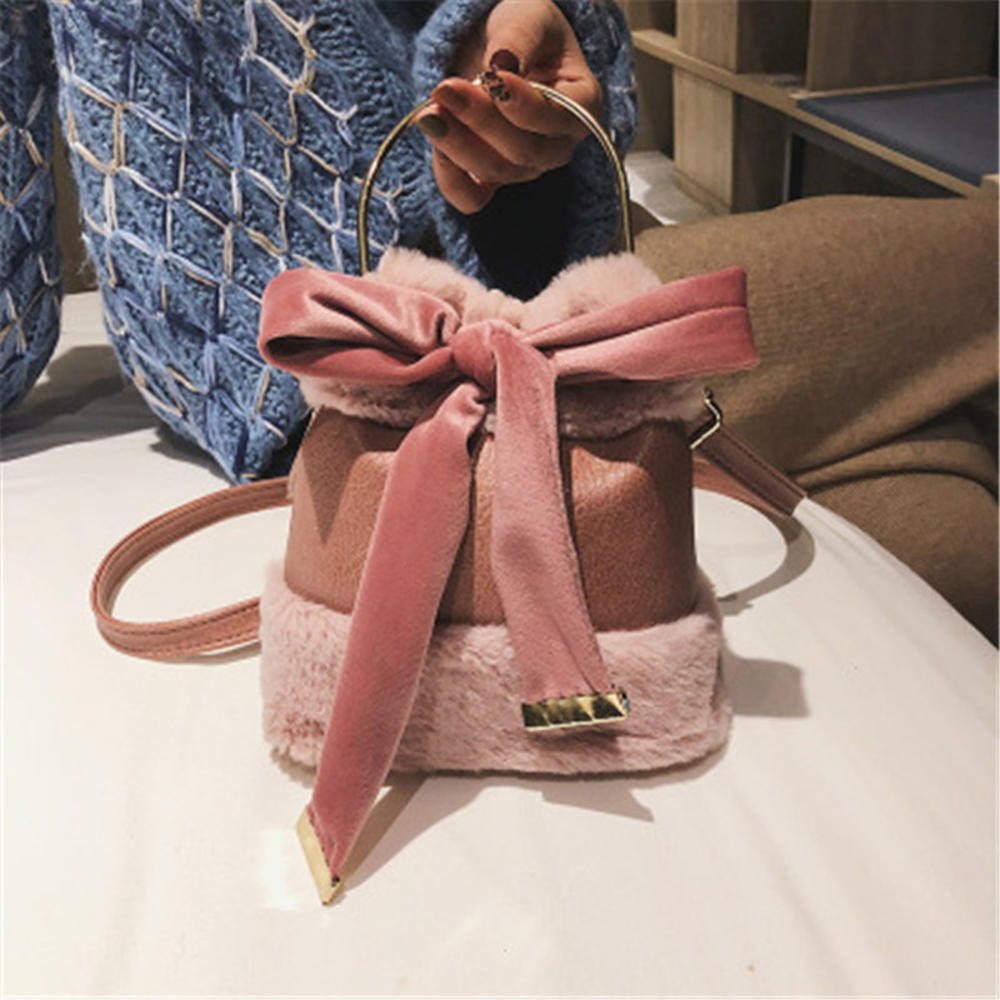 hiver nouvelle PU cuir nœud papillon fille femmes dames petit cartable coréen en peluche bandoulière sac à bandoulière sacs à main