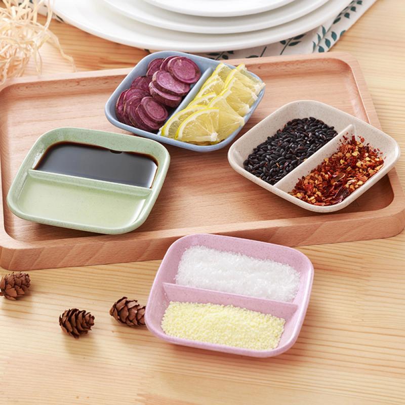 1 Pcs Kitchen Plates Sauce Dish Double Grids Wheatgrass Bowl Seasoning Sauce Drain Vinegar Taste Board Snack Dish Multi-purpose