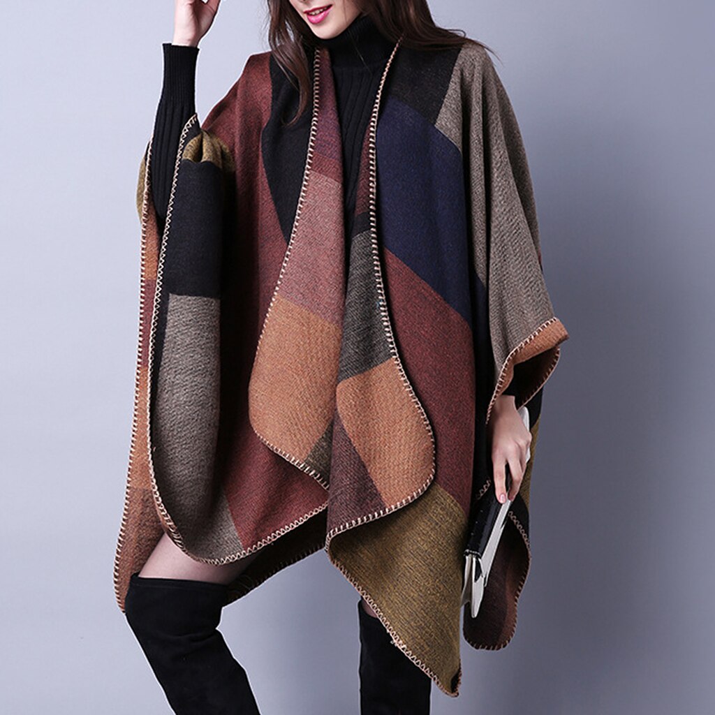 Feminino xadrez cor bloco xale envoltório frente aberta poncho cape cardigan presente de natal malha camisola casaco para o inverno natal feriado