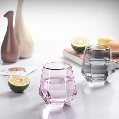Vasos de cristal de estilo nórdico con forma de diamante para whisky, vasos de agua con borde dorado, 280ml,