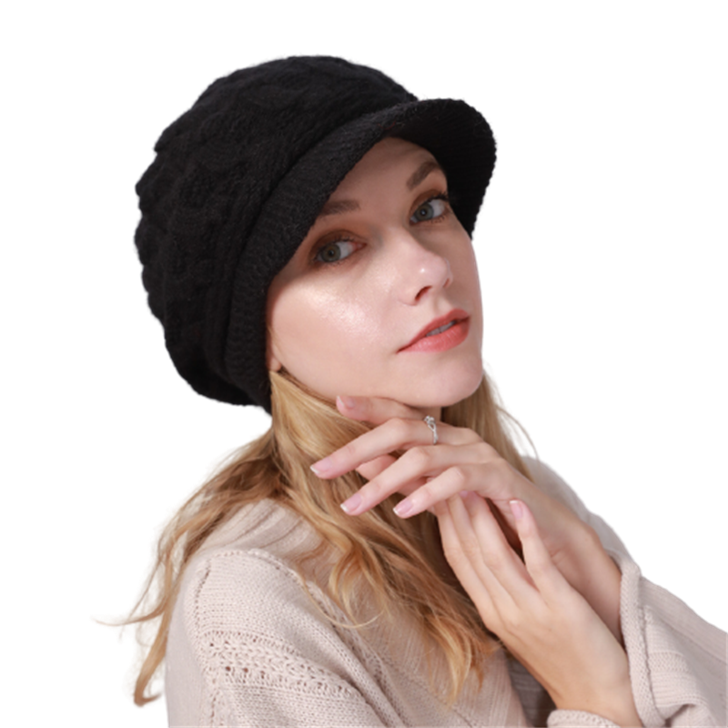 Gorros de felpa con visera de punto trenzado para mujer, boina informal a prueba de viento, Color liso, Otoño e Invierno