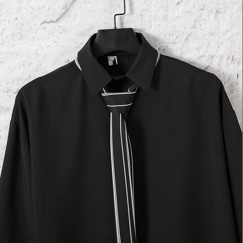 Hommes chemises hommes hauts Patchwork avec cravate Simple loisirs tout-match trois quarts manches Chic coréen mince respirant Chothes en vrac