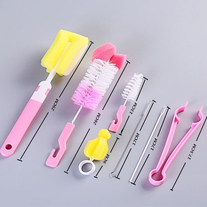 7Pcs Baby Fles Borstel Set Babyuitsteeksel 360-Graden Roterende Schone Spons Uitloop Cup Borstel Kit Fles Schoon tool