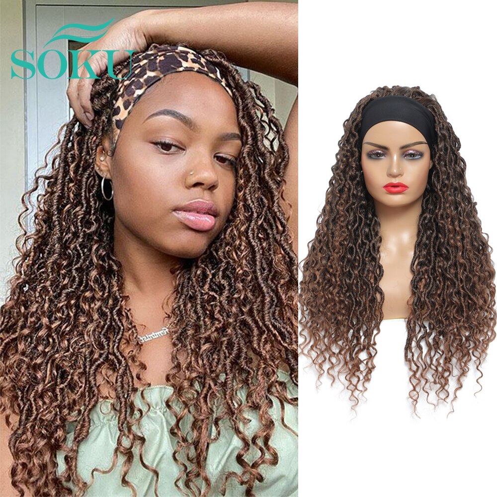 Ombre Brown Headband Synthetic Braided Wigs For Black Women 24 Inch Natural Glueless Hair Wig SOKU Faux Locs Crochet Curly Hair