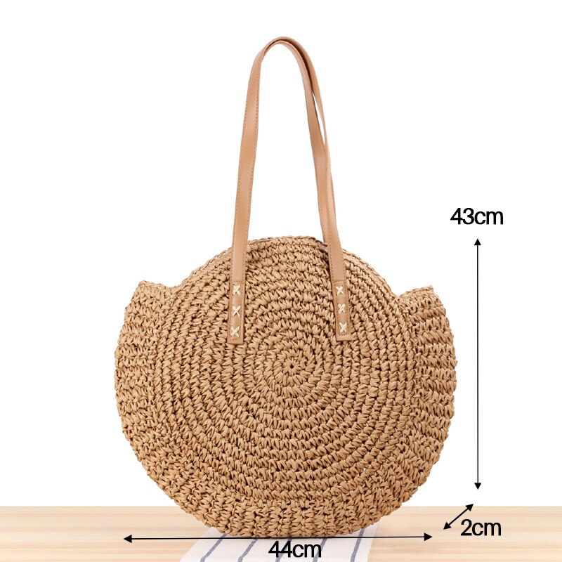 Ronde Stro Strandtas Vintage Handgemaakte Geweven Schoudertas Raffia Cirkel Rotan Zakken Bohemian Zomervakantie Casual Tassen: Brown-large