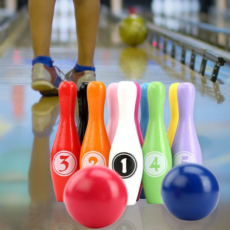 Juego de bolos de madera para niños, juego de bolos de 10 pines y 2 bolas, para interior, 12 unidades