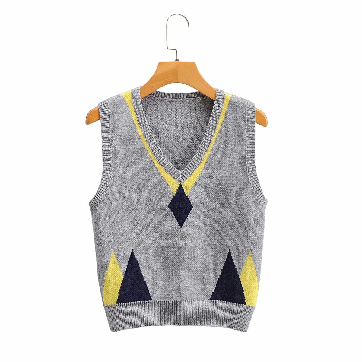 Preppy stil geometrisk plaid strikket vest sweater kvinder efterår vinter v-hals ærmeløs pullover dame sweater toppe: D