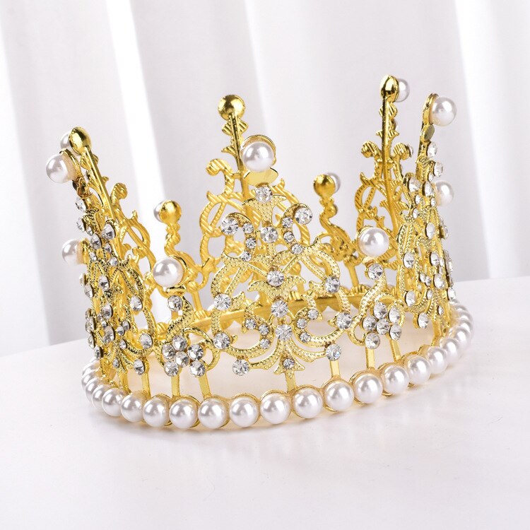 12*7.5cm perle diamant krone brude tiarer tillykke med fødselsdagskage topper bryllup dekoration til kvinder fest forsyninger: Guld