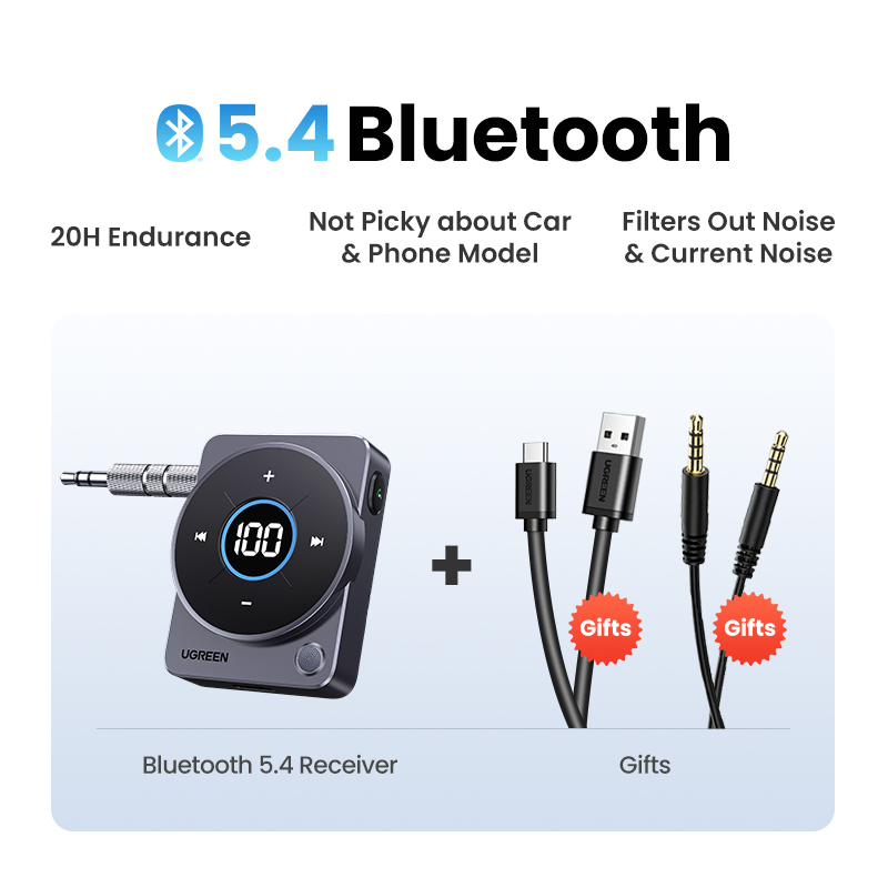 UGREEN Bluetooth 5.4 Aux Adapter 3.5mm Audio Music for Car 20H Battery Life Screen Display SBC AAC: Default Title