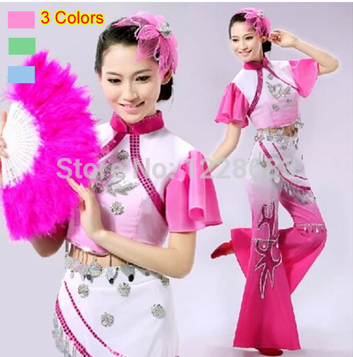 Oude Plus Size Blauw Roze Groen Yangko Jurk Traditionele Chinese Dans Kostuums Roupa Oosterse Dans Kostuums