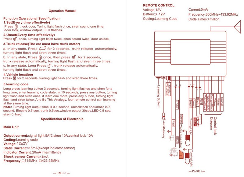 Car Alarm System Remote Control Central Locking Kit For KIA Car Door Lock Keyless Entry System With Trunk Release Button