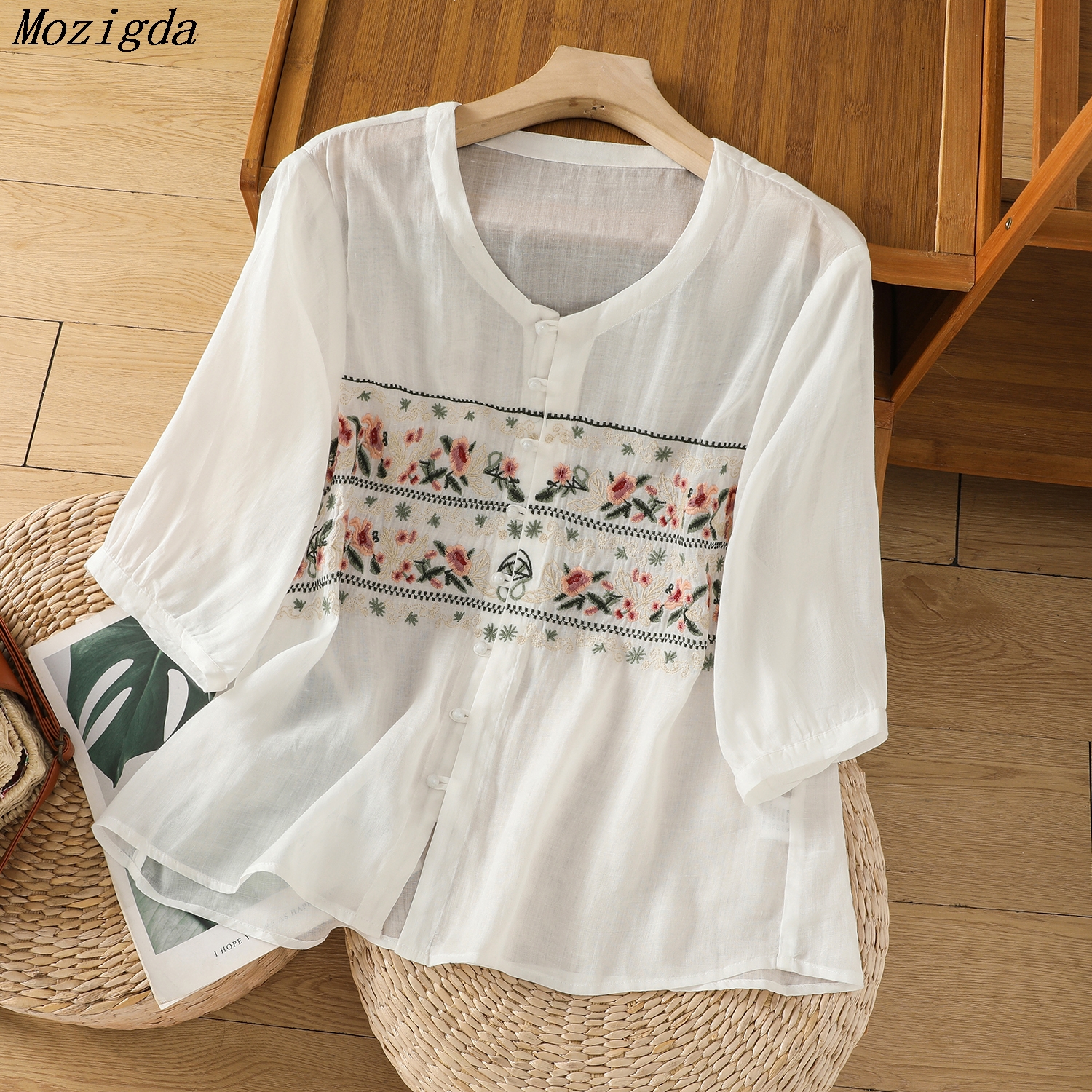 Retro Cotton Linen Shirt Women Embroidery Oversized Relaxed Fit Woman Blouse Artistic Summer Ladies Tops Camiseta Mujer: 4XL / Greyish White