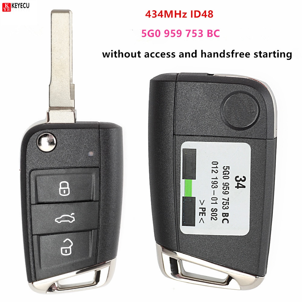 Keyecu 3 Knop 434 Mhz ID48 Vervanging Flip Afstandsbediening Sleutelhanger Voor Volkswagen Mqb Golf Vii MK7, voor Skoda Octavia A7