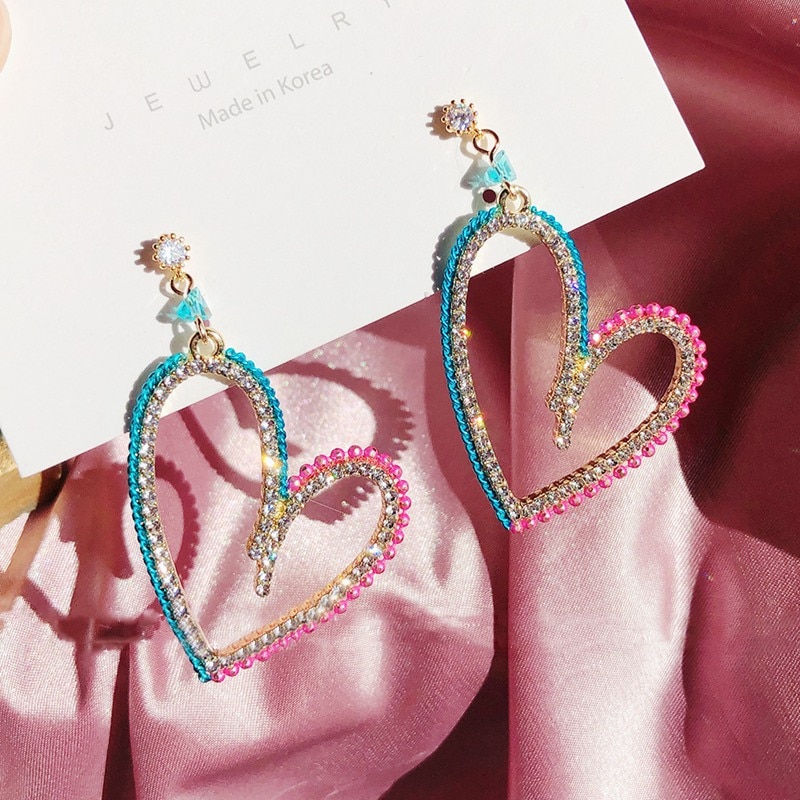Mengjiqiao Koreaanse Luxe Rhinestone Hollow Heart Oorbellen Mujer Moda Bijoux Elegante Partij Brincos Pendientes Sieraden